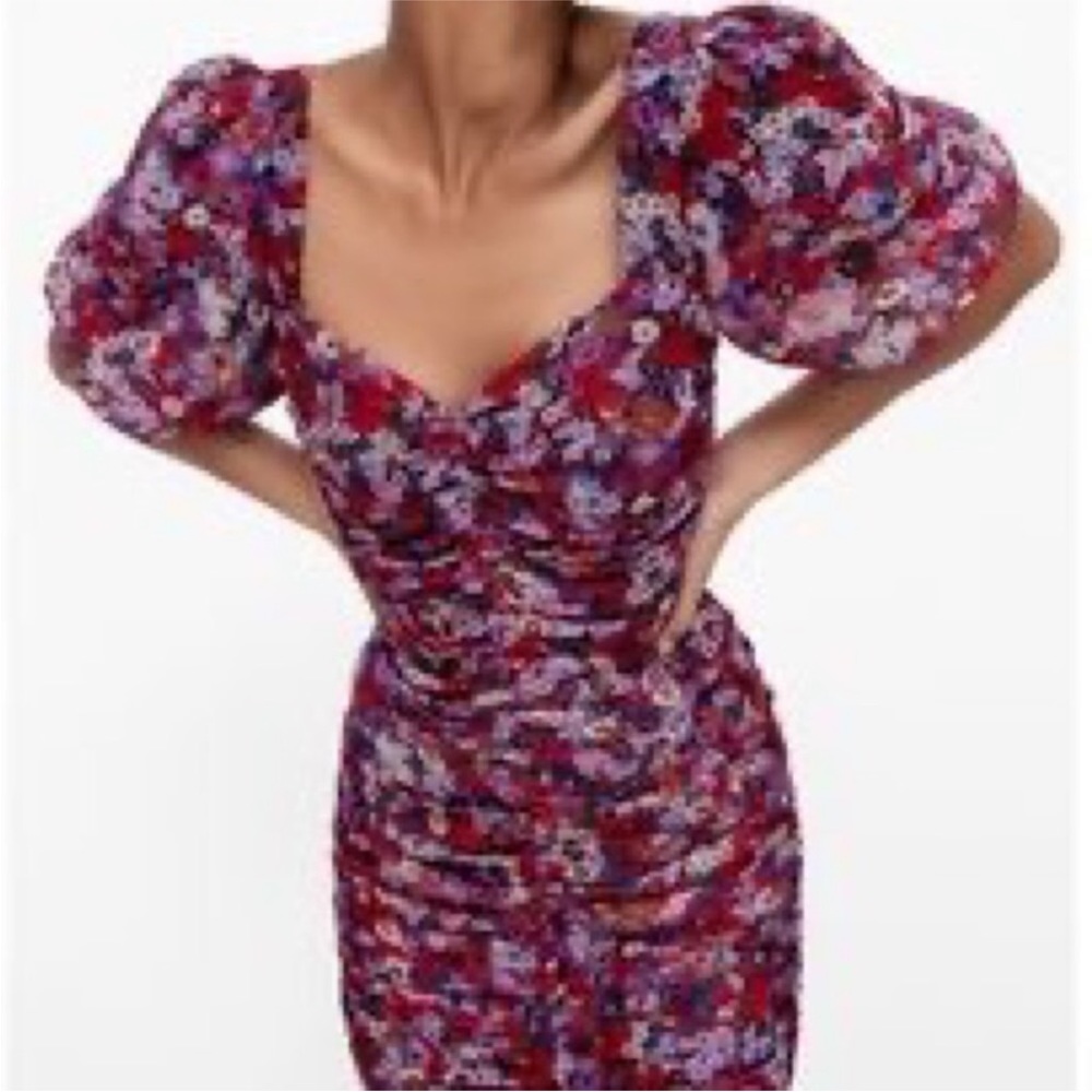 NWT! Zara  Floral BodyCon Puff Sleeve Mini Dress.  Size L